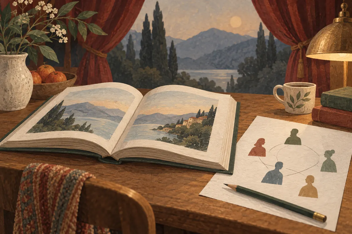 Ilustracja otwartej książki, ołówka i schematu relacji postaci przy domowej lekturze sztuki teatralnej.