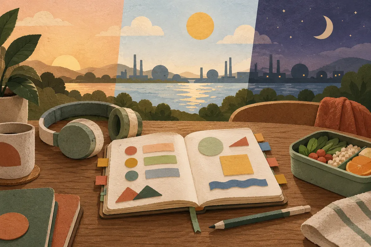 Ilustracja notesu, słuchawek i pudełka śniadaniowego na tle barw poranka, popołudnia i nocy.