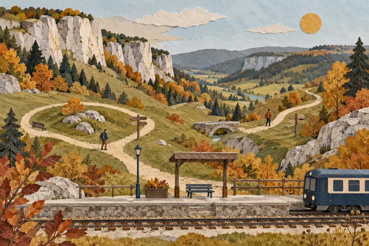 Umowna ilustracja pociągu i dwóch wariantów ścieżki wśród wapiennych skał oraz jesiennych drzew.