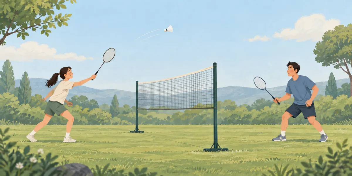 Ilustracja dwóch osób ćwiczących spokojną wymianę w badmintona na otwartym terenie.